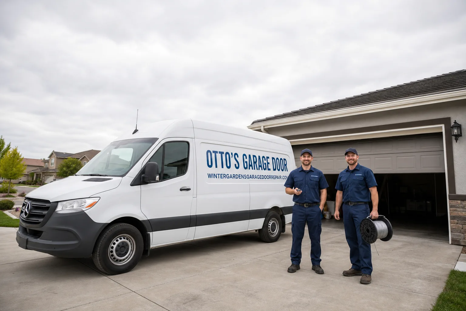 Otto's Garage Door garage door service vehicle and crew in Winter Gardens, CA